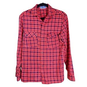 Vintage 60s 70s Red Plaid Flannel Button Up Mens M Lumberjack Grunge Workwear